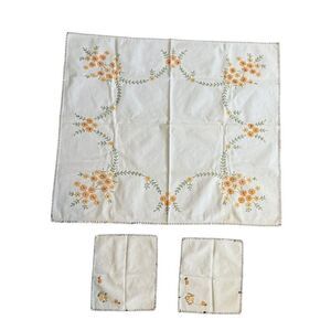 Vintage Tablecloth with Napkins Embroidered 32x28 3 Pieces Yellow Green Floral